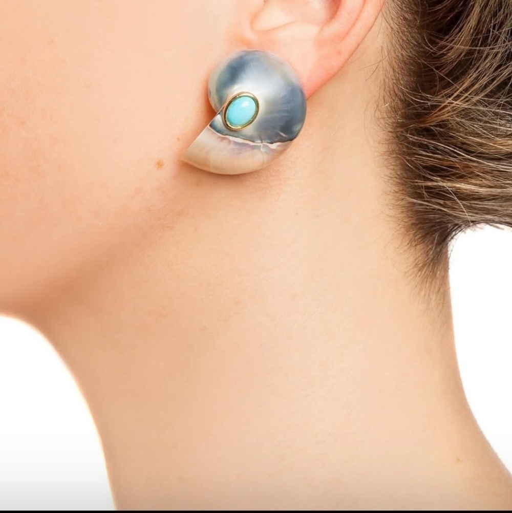 Nautilus Shell Earrings with Turquoise Cabohon Accent Clips